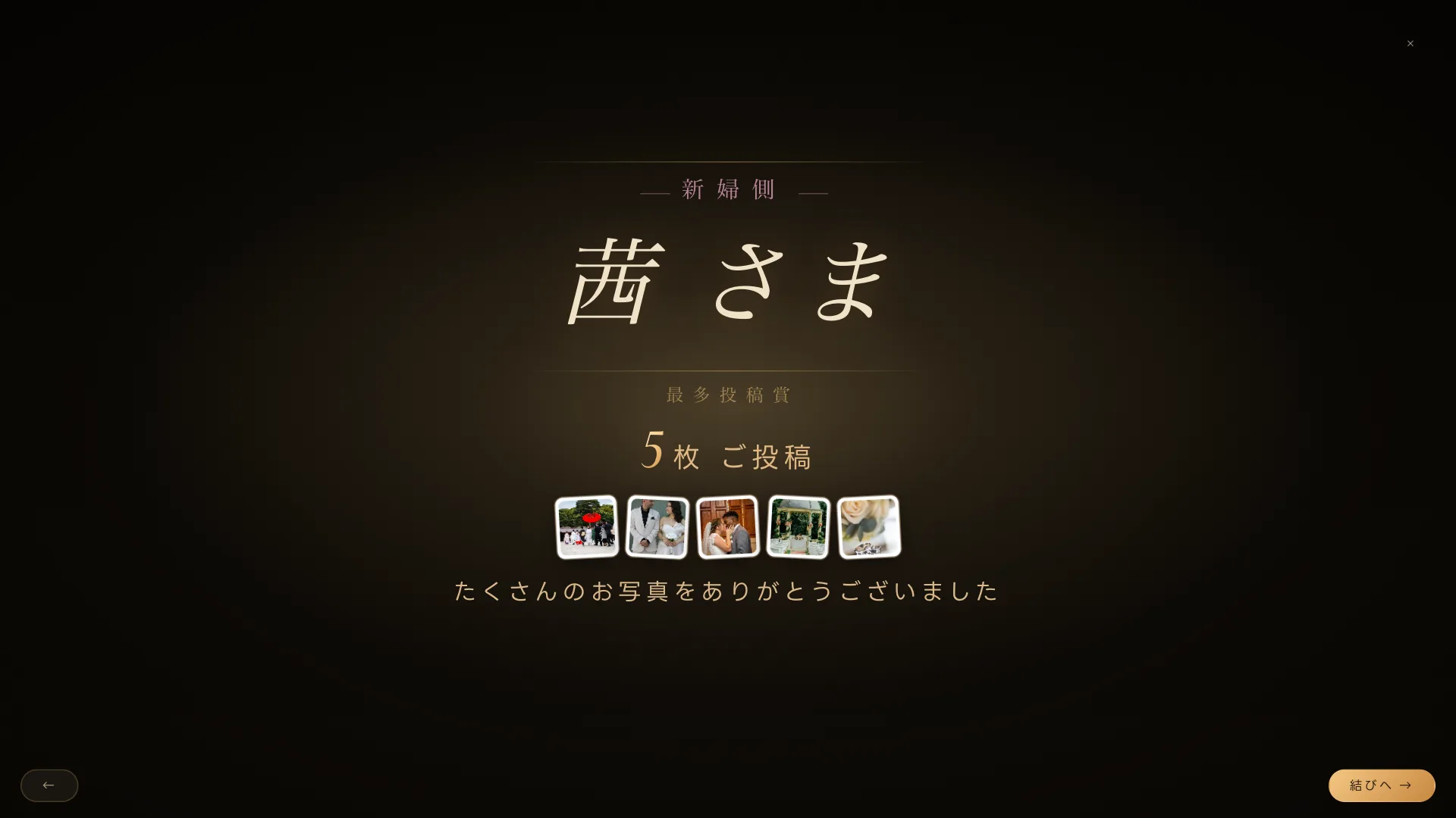 最多投稿賞の受賞者名と投稿枚数が表示された画面